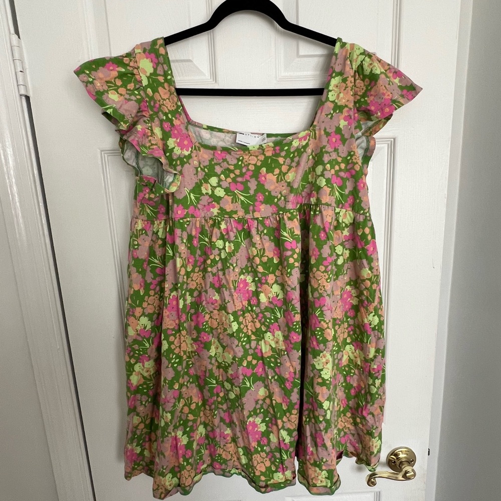 Green & Pink Floral Babydoll Mini Dress